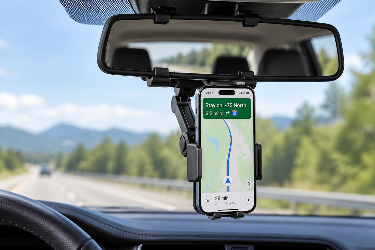 Rearview mirror phone mount Rear View Mirror Phone mount in action