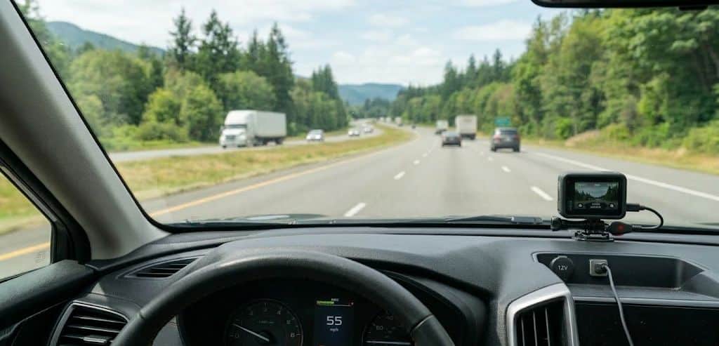 GoPro mounted on a car dashboard acting as a dash camera