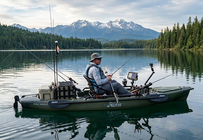 Kayak track mount system with rod holders and accessories installed on fishing kayak