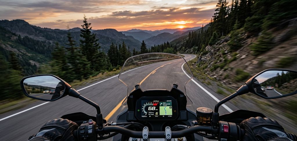 Motorcycle cockpit view phone mount on handlebars