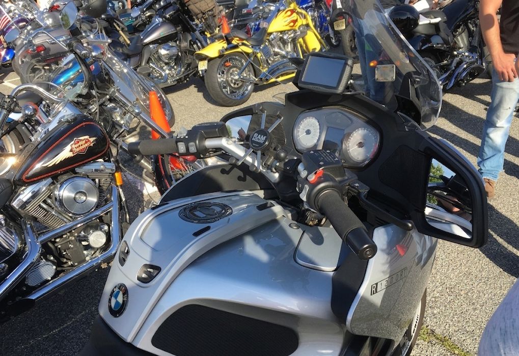 motorcycle handlebar phone mount installed on bike