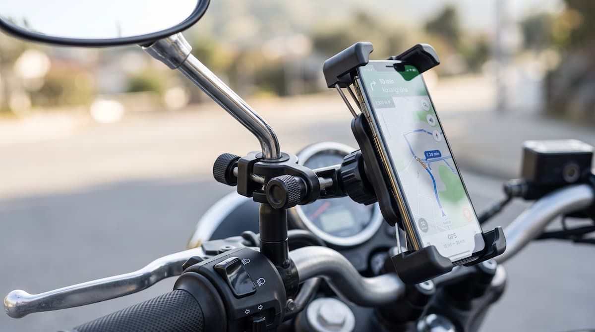 Motorcycle Mirror Phone Mount Motorcycle mirror phone mount installed beside the handlebar control perch