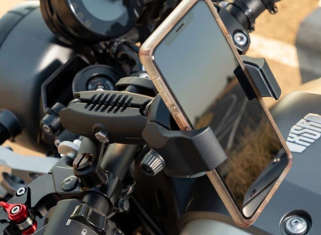 motorcycle mirror stem phone mount installed