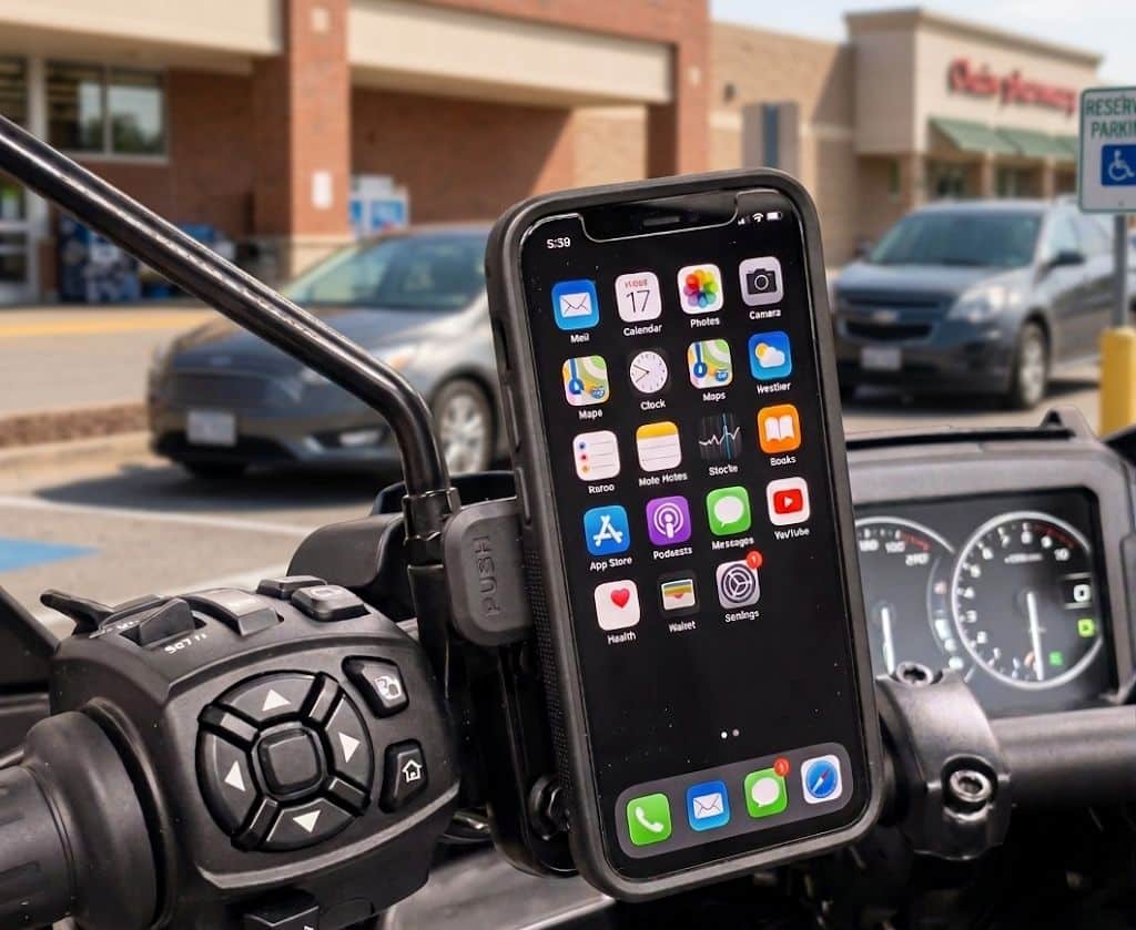 Motorcycle phone mount installed without handlebar clamp
