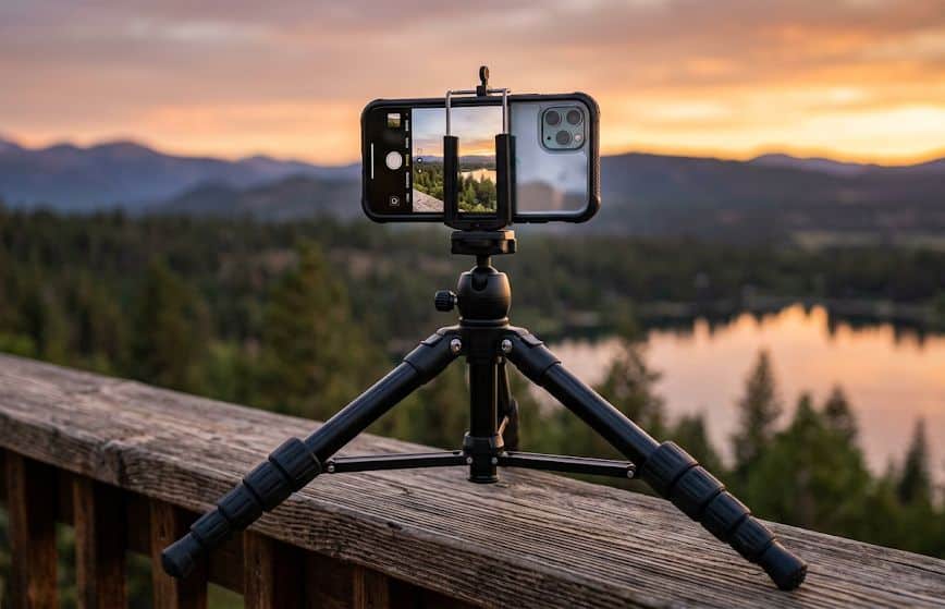 Smartphone mounted on a flexible tripod on a desk