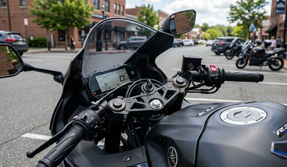 Yamaha YZF-R3 cockpit showing fork stem and clip-on handlebar layout