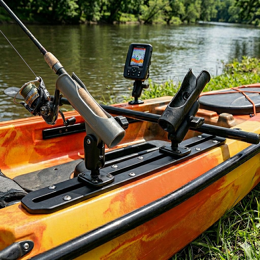 Fishing kayak deck rigged with track-mounted rod holders and fish finder