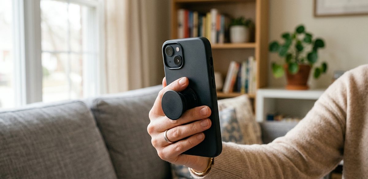 Hand holding a smartphone from behind with a black PopSocket grip extended