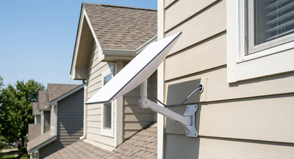 Starlink dish mounted on a home with clear sky view