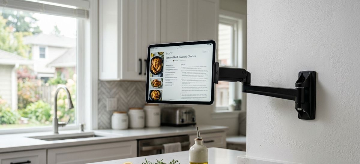 Tablet mounted to wall in kitchen setting