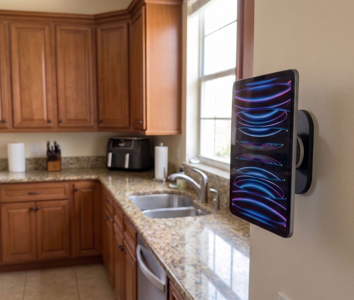 Magnetic iPad wall mount holding an iPad Pro in a kitchen
