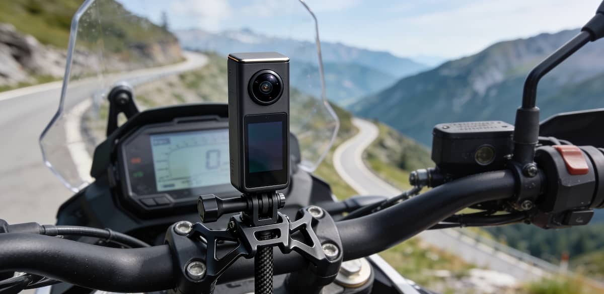 Camera on a motorcycle Insta360 motorcycle mount setup example showing a vertical 360 action camera clamped to adventure motorcycle handlebars