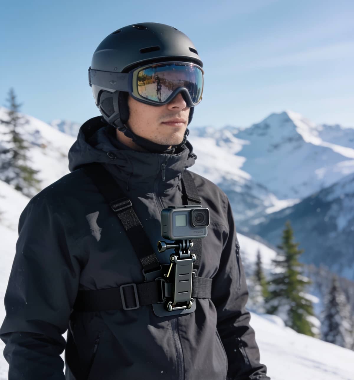 Skier wearing a GoPro camera on an adjustable chest harness over a winter ski jacket