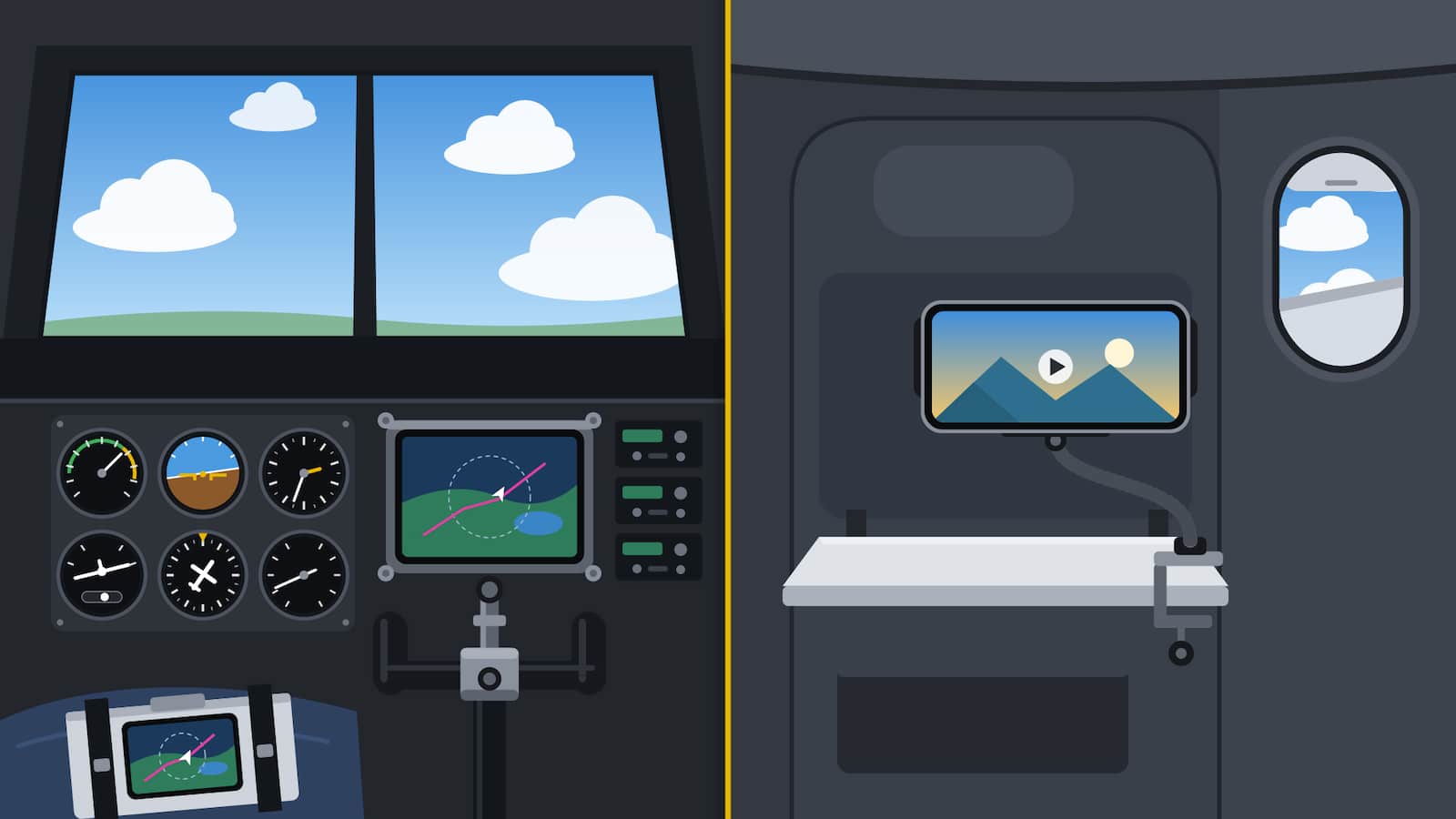 Aviation Mounts: Cockpit and Airline Passenger Mounting Guides Aviation mounts for pilots and airline passengers showing cockpit iPad and kneeboard mounts alongside an airplane seatback phone holder
